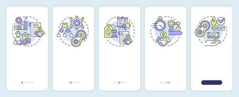 Benefits of contract manufacturing onboarding mobile app screen. Walkthrough 5 steps editable graphic instructions with linear concepts. UI, UX, GUI template vector