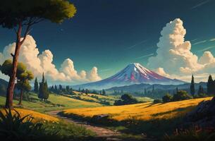 An animated landscape with a mountain in the background photo