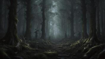 A dark forest with trees and moss photo