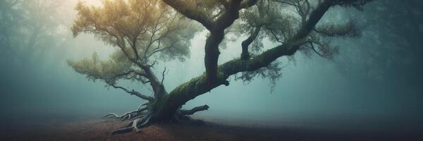 A tree in the fog with a sun shining through photo