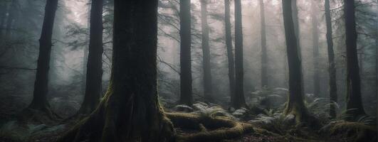 A forest with trees and moss photo