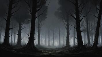 Dark forest with trees and fog photo