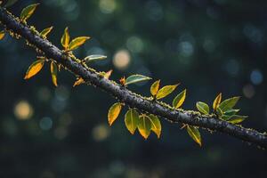 A branch with leaves and moss on it photo