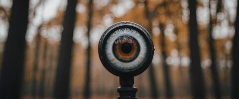 A close up of a camera lens with an eye in the middle photo