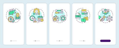 Real-time tracking and monitoring onboarding mobile app screen. Walkthrough 5 steps editable graphic instructions with linear concepts. UI, UX, GUI template vector
