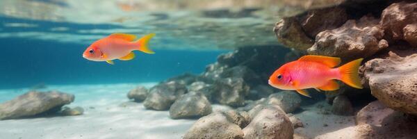 Two orange fish swimming in the ocean near rocks photo