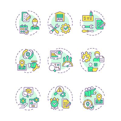 Field service management multi color concept icons. Optimization in FSM operations. Managing workforce, equipment, assets. Icon pack. Round shape illustrations. Abstract idea