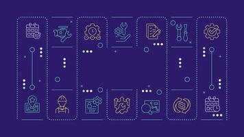 FSM dark blue word concept. Field service management. Workflow optimization. Typography banner. Horizontal image. Headline text surrounded by editable outline icons vector