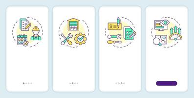 Key components of FSM onboarding mobile app screen. Field service. Walkthrough 4 steps editable graphic instructions with linear concepts. UI, UX, GUI template vector