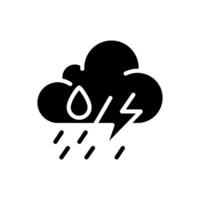 Storm black glyph icon. Weather forecast. Cloud with raindrops and lightning bolt. Thunderstorm. Severe weather. Silhouette symbol on white space. Solid pictogram. Isolatedillustration vector