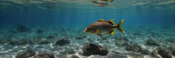 A fish swimming in the ocean with rocks photo