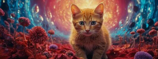 A cat is walking through a field of flowers photo