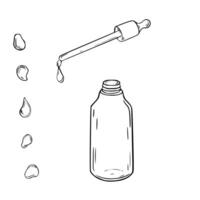 Clear glass dropper bottle and assorted drops black white illustration isolated. Serum bottle and pipette hand drawn monochrome line art. Design element for label essential oils, package. vector