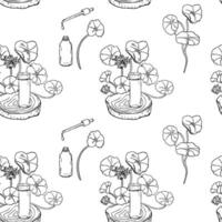 Centella asiatica essential oils on wooden stand black white seamless pattern isolated. Pennywort medicinal plants and serum bottle hand drawn monochrome linear sketch on repeated background. vector