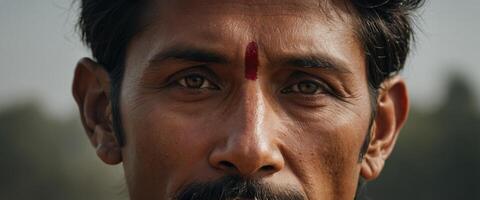 A close up of a man with a red dot on his forehead photo