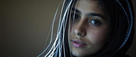 A young woman with a scarf over her head photo