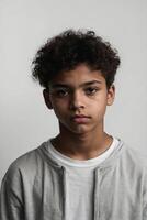 A young boy with curly hair and a white shirt photo