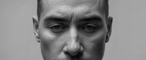 A man with a beard and a sad face photo
