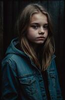 A young girl in a denim jacket standing in front of a wooden door photo