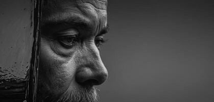 A man with a beard looks out the window photo