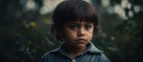 A young boy stares into the camera while standing in the woods photo