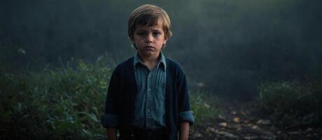 A young boy stands in the middle of a forest photo