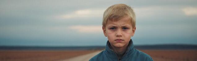A young boy is standing in the middle of a road photo