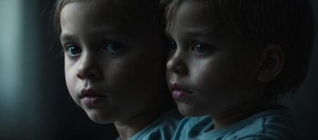 Two children looking at the camera in front of a window photo