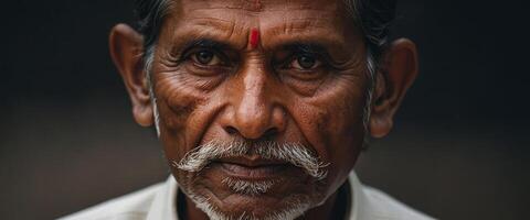 An old man with a mustache and a red dot on his forehead photo