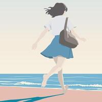 High School Female Student Running on Beach. vector