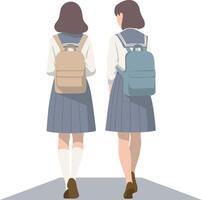 Back View of Two High School Female Students Walking and Talking. vector