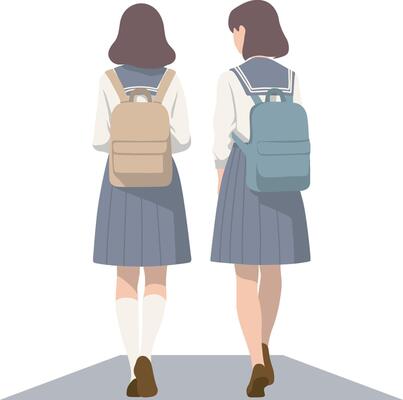 Back View of Two High School Female Students Walking and Talking.