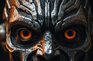A close up of a metal face with orange eyes photo