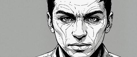A black and white drawing of a man with a serious expression photo
