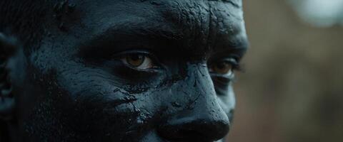 A close up of a black man's face with a lot of mud on it photo