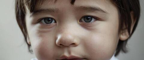 A close up of a young child with a serious look on his face photo