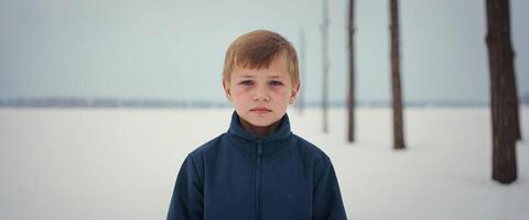 A boy standing in the snow with trees in the background photo