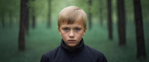 A young boy is looking at the camera in a forest photo