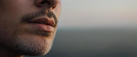 A close up of a man's face with a mustache photo
