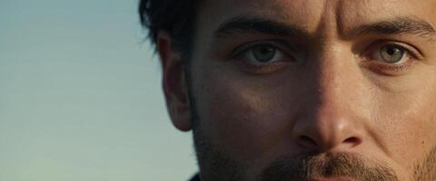 A close up of a man with a beard and a blue shirt photo