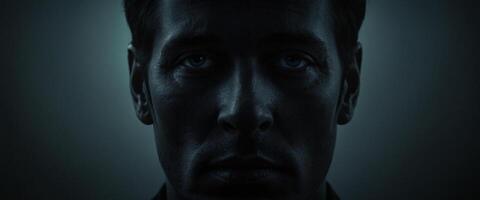 A man with a dark background and blue eyes photo