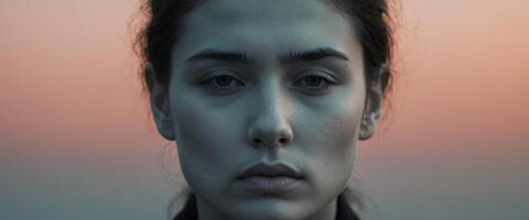 A woman with a sad expression is looking at the camera photo
