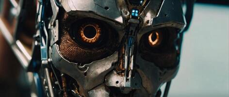 A close up of a robot's face with a metal face photo