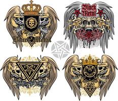 set, skull with wings vector