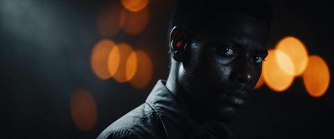 A man in a dark room with lights in the background photo