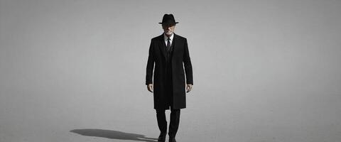 A man in a suit and hat standing in front of a gray background photo