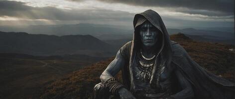A man in a hooded robe sitting on top of a mountain photo