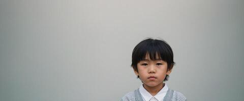 A young boy in a sweater standing in front of a gray background photo