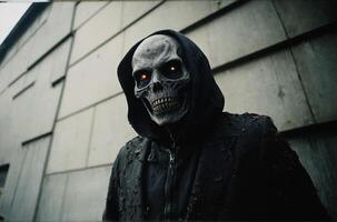 A man in a hoodie with a skull mask photo