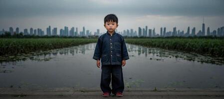A boy stands on a dock in front of a city photo
